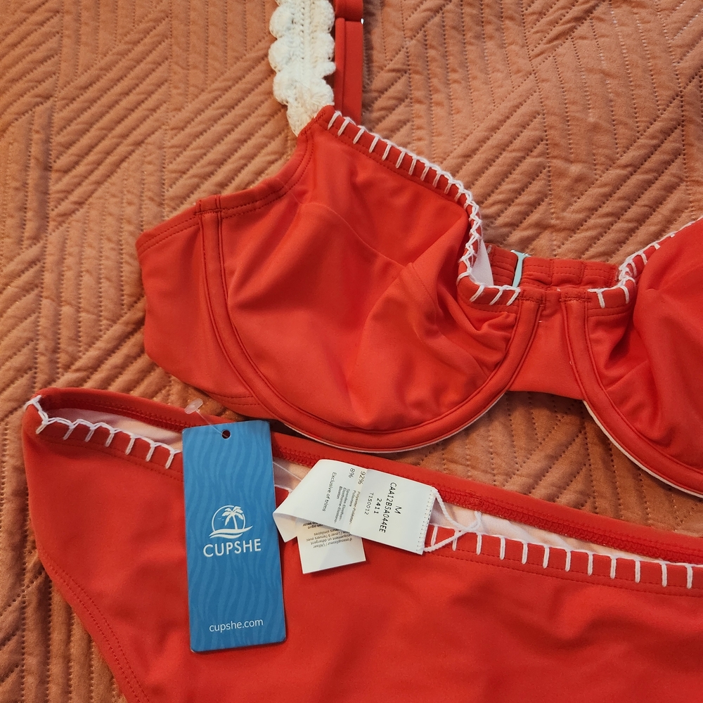 Cupshe Vibrant Orange Bikini with White Accents - Picture 4 of 5